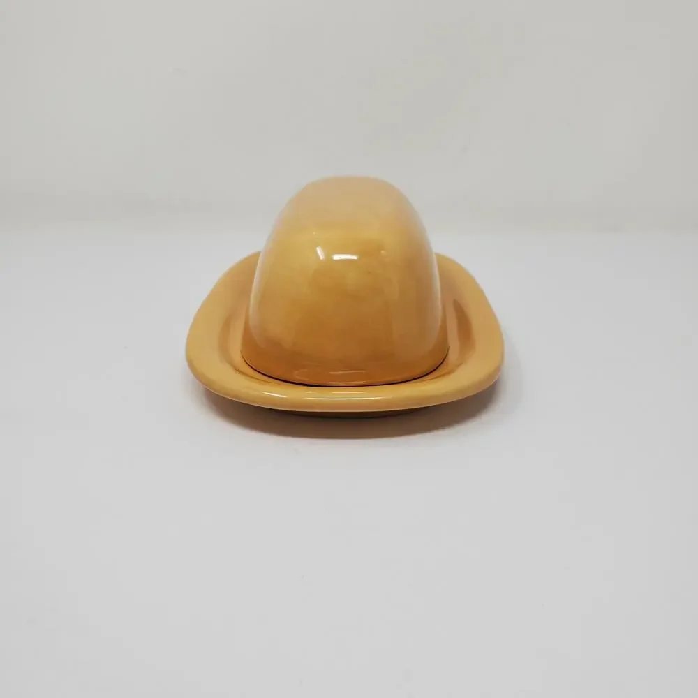 Pottery Barn SAUSALITO AMBER 1/4 Lb Covered Butter Dish Golden Yellow Amber Flaw